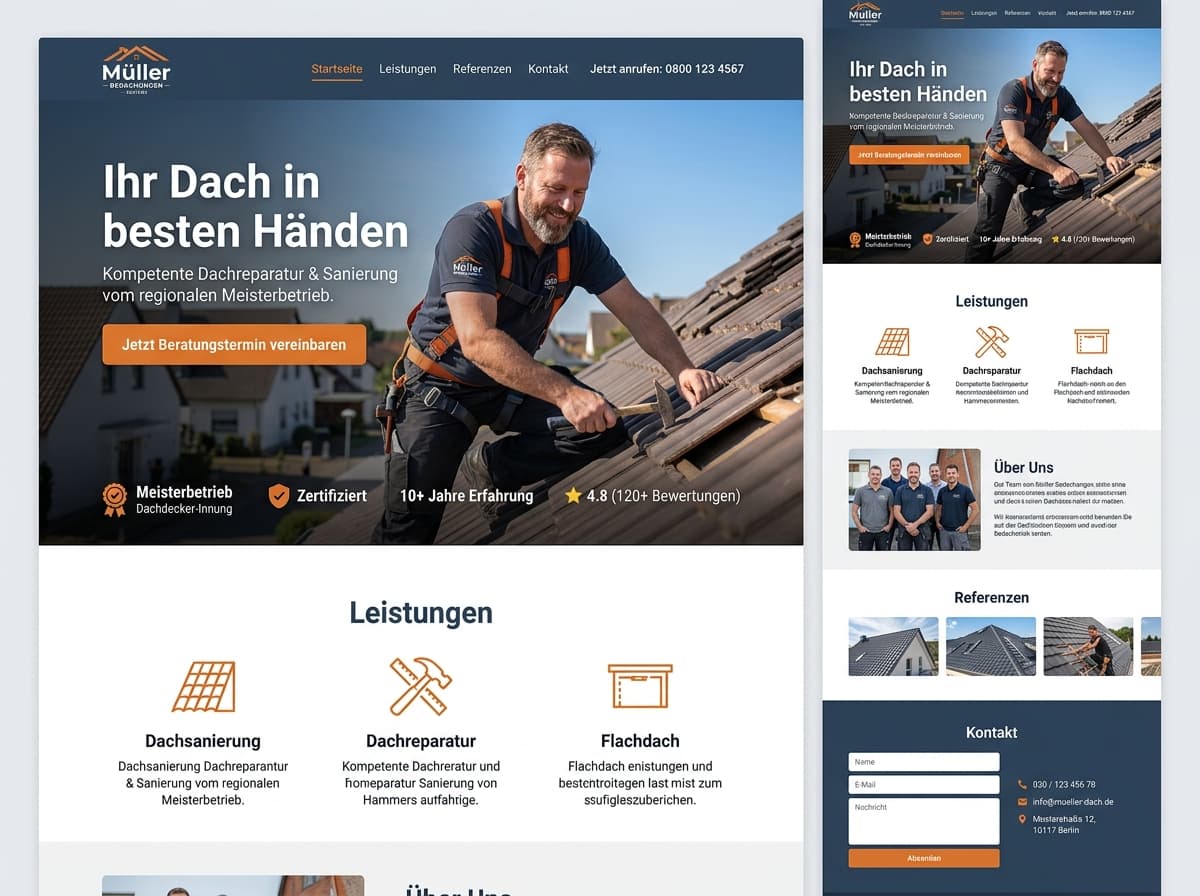 Design-Beispiel: Dachdecker-Betrieb (Klar & seriös)