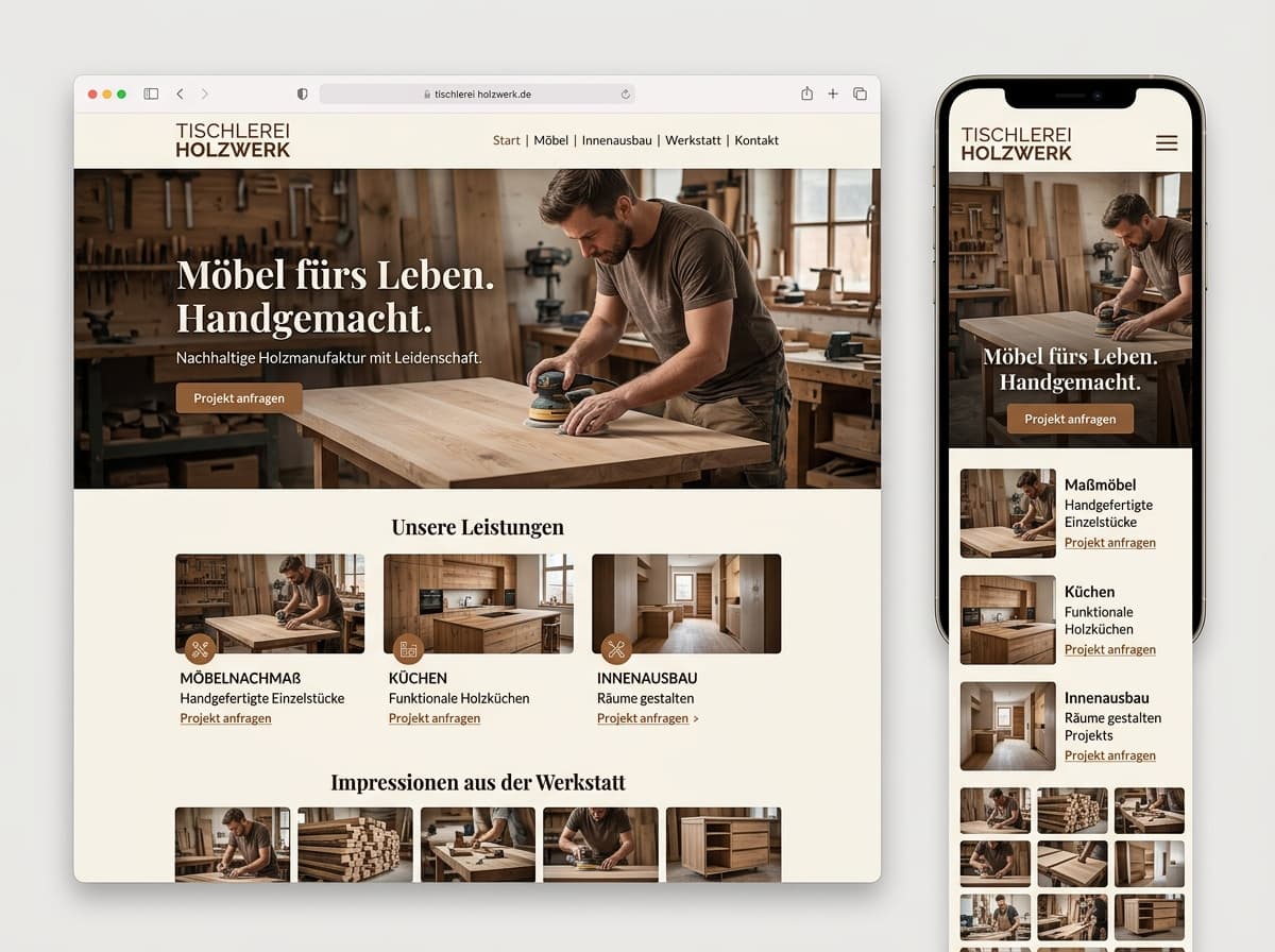Website-Beispiel für Tischlerei (Warm & natürlich)
